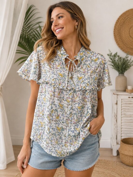 Hayden Tops - Hayden Floral Ruffle Blouse Large Flutter Sleeve Tie Neck Cottagecore 1071